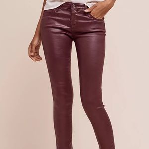 AG Vegan Leatherette Coated Low-Rise Super Skinny Ankle Jeans Wine Red 30